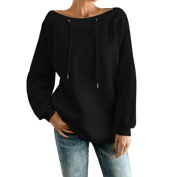 Duoif Fall Sweatshirts for Women, Women's Casual Off-Shoulder Sweatshirt - Oversized Boat Neck Womens Sweatshirt Black XXXXXL