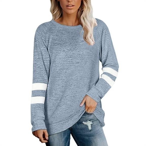 Duoif Fall Sweatshirts for Women, Women's Casual Striped Top - O-Neck Loose Sweatshirt Womens Sweatshirt Blue S