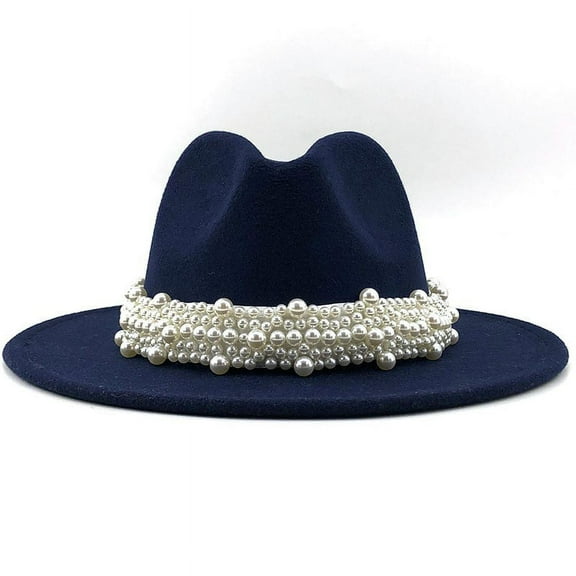Duoif Fedora Hats for Women, Women's British Fashion Elegant Jazz Hat Pearl with Top Hat Big Brim Hat Ladies Woolen Hat Womens Hats Dark Blue L