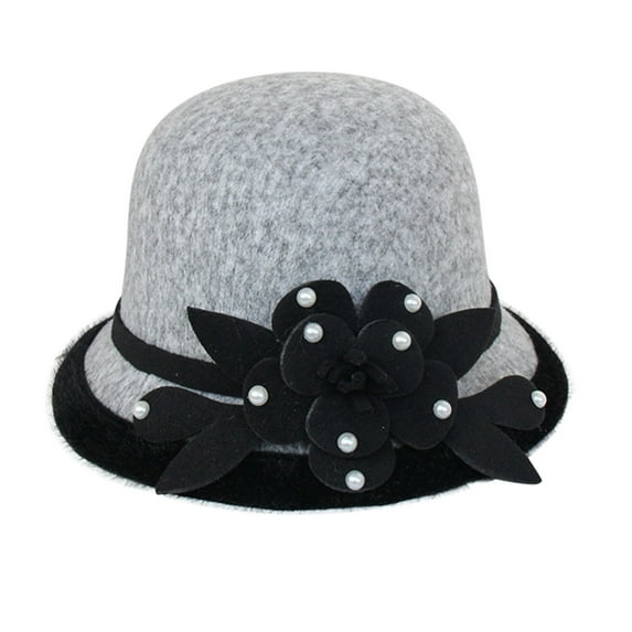 Duoif Felt Hats for Women, Women's Autumn and Winter Flowers Round Top Casual Fisherman's Basin Cap Small Bowler Hat Wool Hats for Women Grey2 M