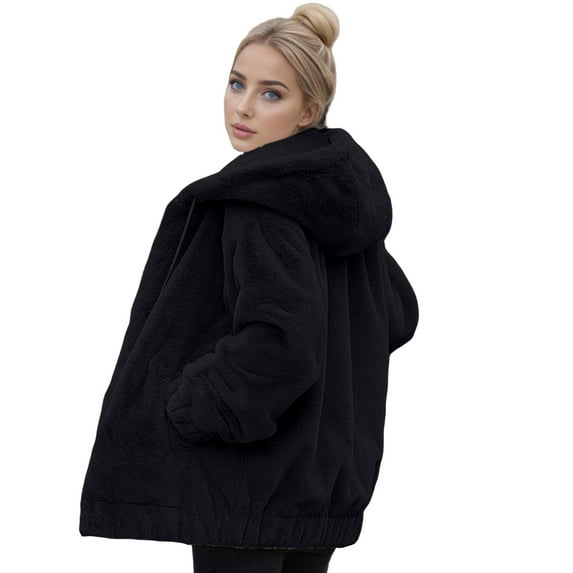 Duoif Fleece Jacket Women, Womens Fuzzy Lapel Open Front Long Cardigan Coat Faux Warm Winter Outwear Jackets for Women Black L