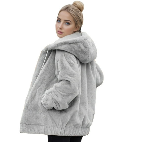 Duoif Fleece Jacket Women, Womens Fuzzy Lapel Open Front Long Cardigan Coat Faux Warm Winter Outwear Jackets for Women Grey L