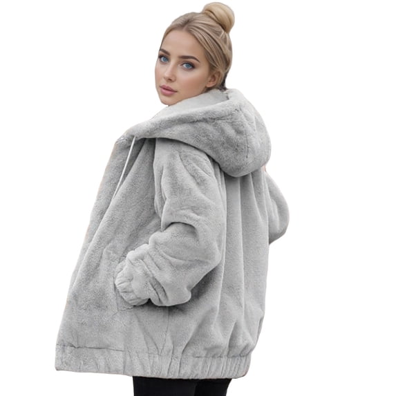 Duoif Fleece Jacket Women, Womens Fuzzy Lapel Open Front Long Cardigan Coat Faux Warm Winter Outwear Jackets for Women Grey XL