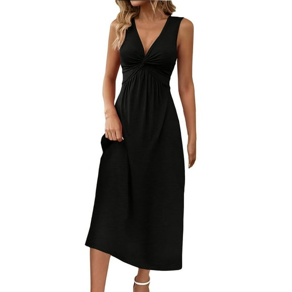 Duoif Formal Dresses for Women 2025 Sleeveless Front V Neck Casual Summer Dress Cute Bodycon Dresses Womens Dresses Black XXL