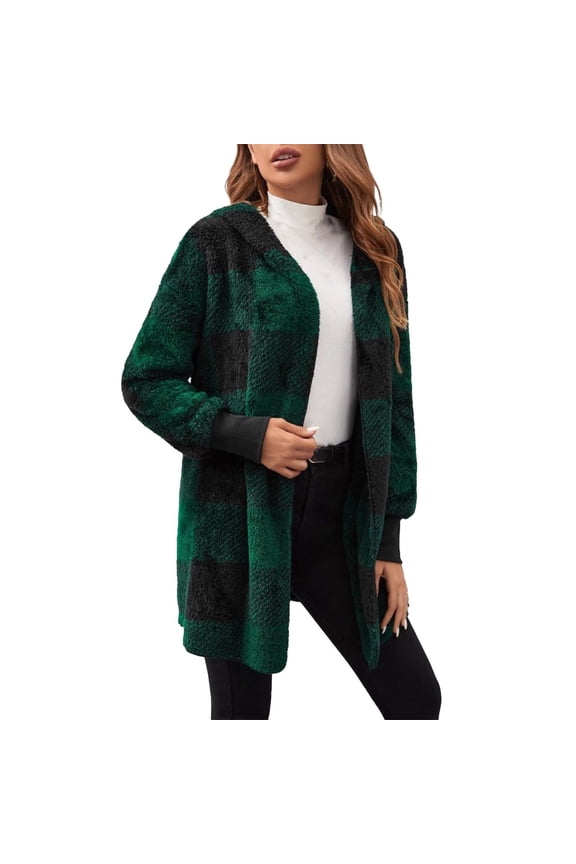 Fuzzy Jacket, Womens Winter Coats Warm Plush Hooded Jackets up Cardigan Trendy Plaid Fuzzy Outerwear Fleece Jacket Women Green XXXL