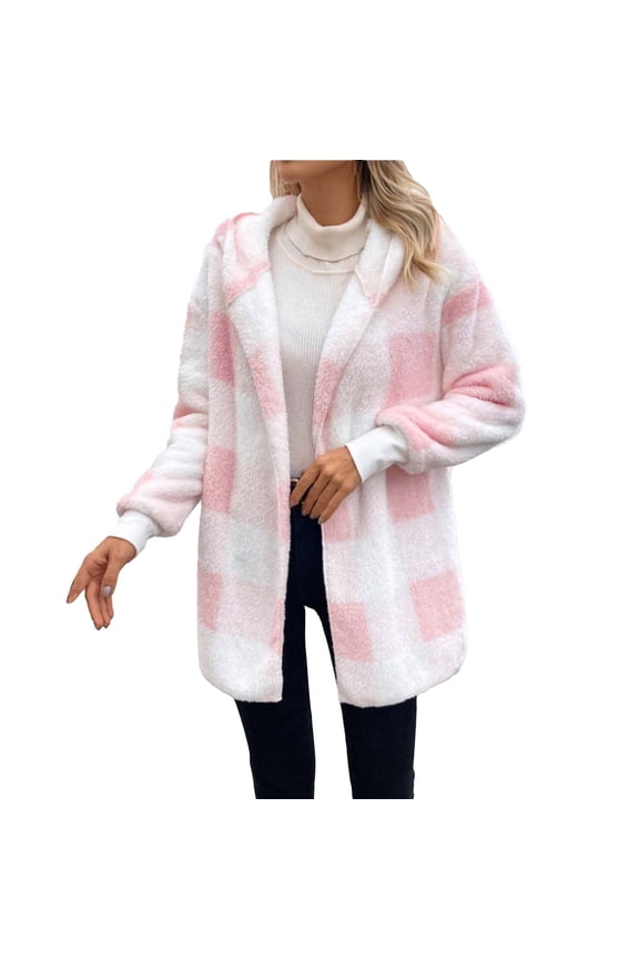 Fuzzy Jacket, Womens Winter Coats Warm Plush Hooded Jackets up Cardigan Trendy Plaid Fuzzy Outerwear Fleece Jacket Women Pink XXXL