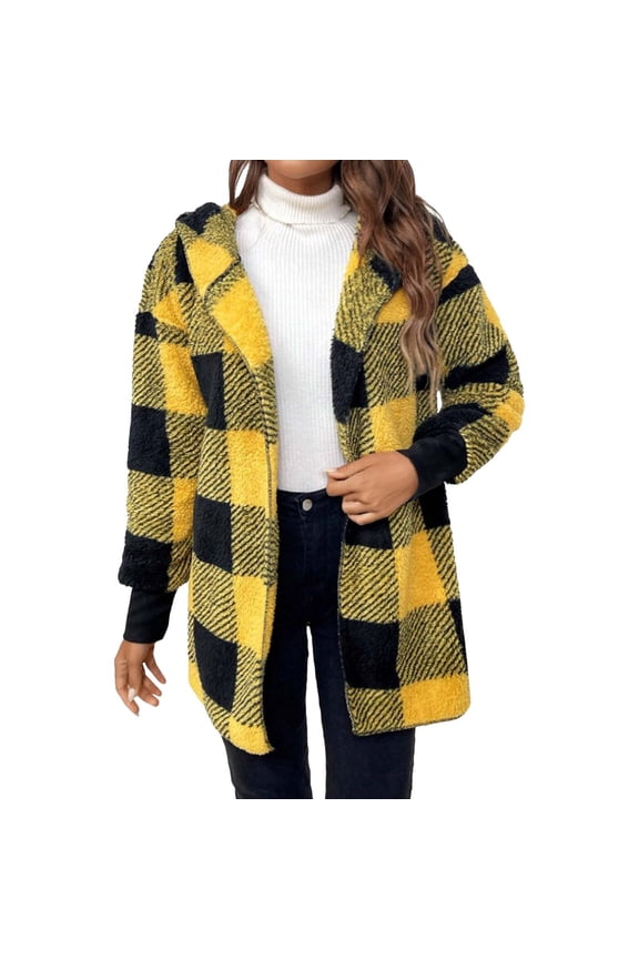 Fuzzy Jacket, Womens Winter Coats Warm Plush Hooded Jackets up Cardigan Trendy Plaid Fuzzy Outerwear Fleece Jacket Women Yellow XXXL