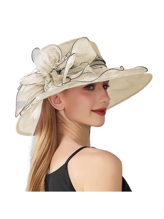 Kentucky Derby Hats for Women, Women's Solid Color Big Flower English Lady Elegant Temperament Sun Hat Tea Party Hats for Women Beige