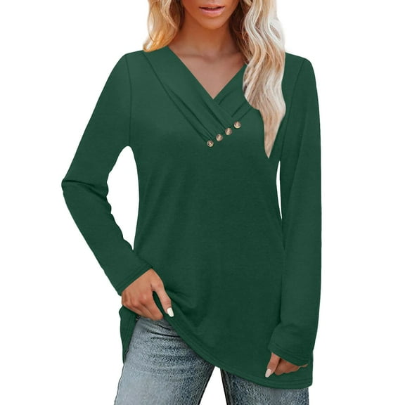 Duoif Ladies Tops and Blouses, Women's Fashion T-Shirt - Long Sleeve Crew V-Neck with Print Womens Tops Blackish Green XXL