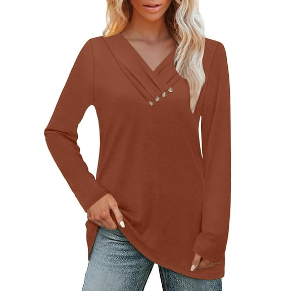Duoif Ladies Tops and Blouses, Women's Fashion T-Shirt - Long Sleeve Crew V-Neck with Print Womens Tops Brown S