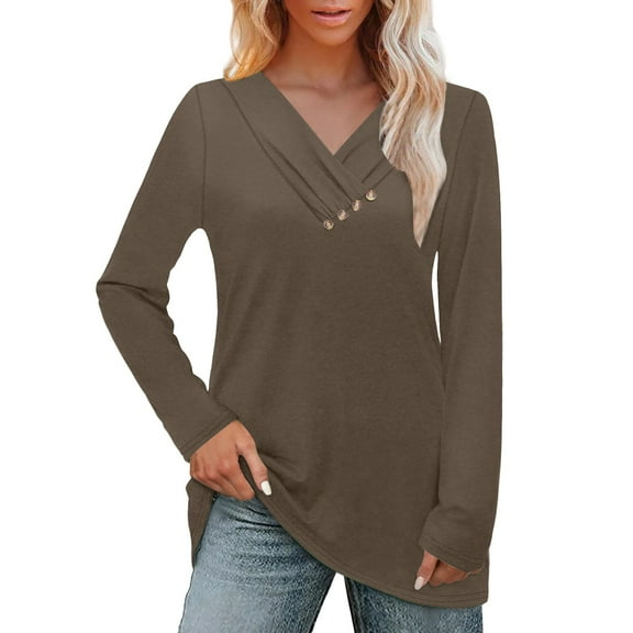 Duoif Ladies Tops and Blouses, Women's Fashion T-Shirt - Long Sleeve Crew V-Neck with Print Womens Tops Coffee XXL