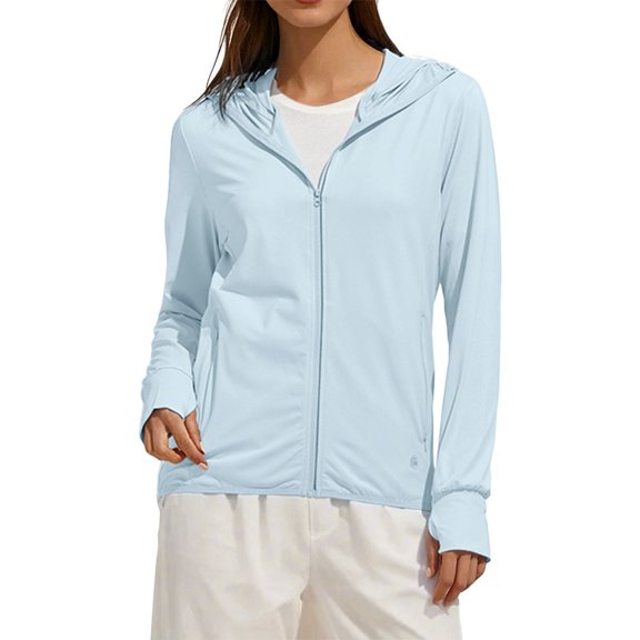 Duoif Lightweight Athletic Jackets for Women, Women's Ice and Sun Protective Full Zip Long Sleeve Shirts Hiking Outdoor Jacket Sun Shirt Women Light Blue XXXL