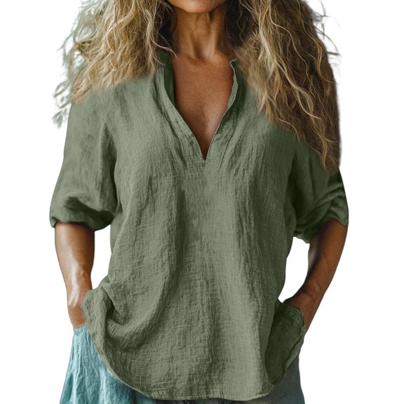 Duoif Linen Shirts for Women, Women Baggy Cotton Linen Tops Stylish Print Blouse for Women Plus Size Long Sleeve V Neck T Shirt Boho Tops for Women L
