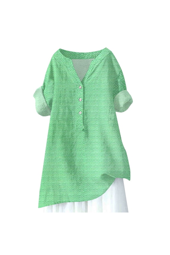 Linen Shirts for Women, Women's Solid Color Simple Geometric Texture Semi Open Shirt Top Boho Tops for Women Hot Pink S