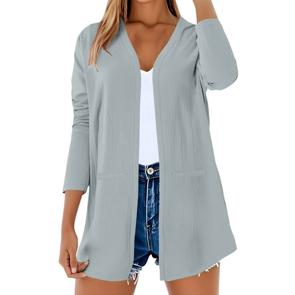 Duoif Long Cardigans for Women Ladies' Casual Cotton Linen Solid Color Breathable Cardigan Womens Cardigan Grey L