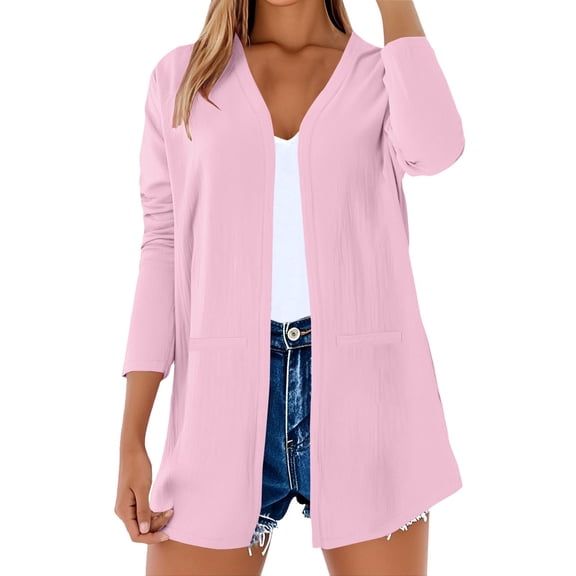 Duoif Long Cardigans for Women Ladies' Casual Cotton Linen Solid Color Breathable Cardigan Womens Cardigan Pink S