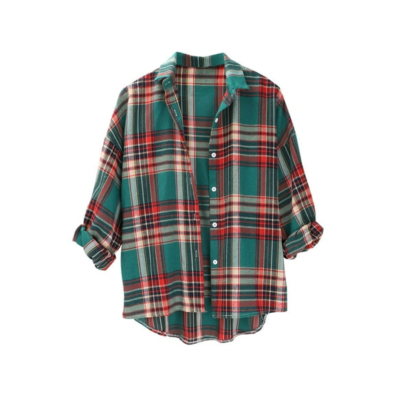Duoif Long Sleeve Shirts for Women Spring and Autumn Women's Checkered Shirt New Retro Style Loose Shirt Coat Women Tops Womens Shirts Blackish Green S
