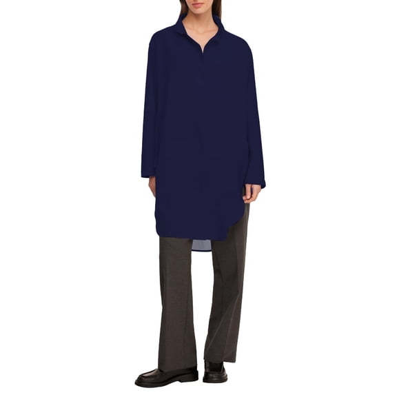 Duoif Long Sleeve Shirts for Women, Womens Tops Women's Casual Lightweight Pocket Front Cardigan Casual Work Office Blouse Top Womens Shirts Dark Blue XXXL