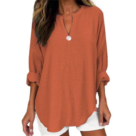 Duoif Long Sleeve Shirts for Women, Women's Long Sleeve Solid Color Button V Neck Cotton and Linen Shirt Loose T Shirt Womens Tops Orange XXXXL