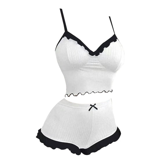 Duoif Lounge Sets, Printed Suspender Shorts Pajamas for Women in Summer Casual Home Clothes Womens Pajama Sets Sleepwear White L