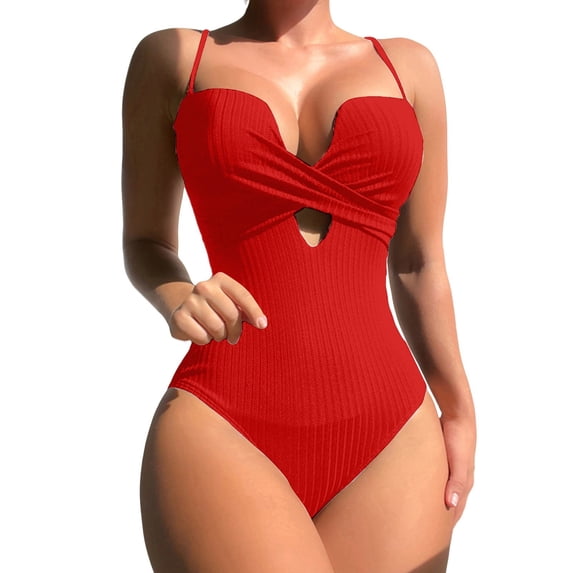 Duoif Women's Swimsuit Bikini Solid Color Stripes Conjoined Swimsuit High Waist Swimsuit Beach Suit Womens Swimsuits Tummy Control Swimsuits for Women Red S