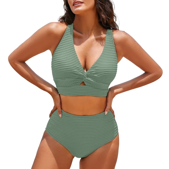 Duoif Women's Textured Bikini Sets Front Top Swimsuits High Waisted Bathing Suits Womens Swimsuits Tummy Control Swimsuits for Women Green L