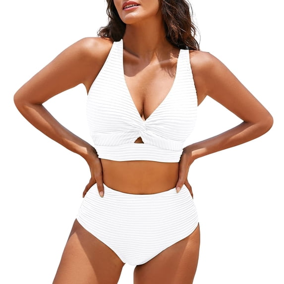 Duoif Women's Textured Bikini Sets Front Top Swimsuits High Waisted Bathing Suits Womens Swimsuits Tummy Control Swimsuits for Women White S
