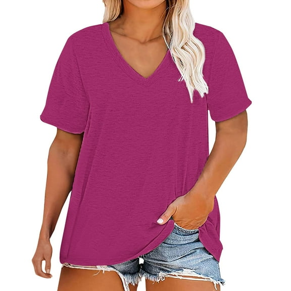 Duoif Oversized Tshirts for Women Plus Size V Neck T Shirts Women Short Sleeve Tops Casual Summer Tshirts Loose Fit Tee Womens Summer Tops Hot Pink XL