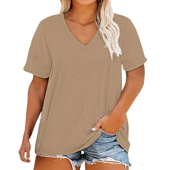 Duoif Oversized Tshirts for Women Plus Size V Neck T Shirts Women Short Sleeve Tops Casual Summer Tshirts Loose Fit Tee Womens Summer Tops Khaki XL