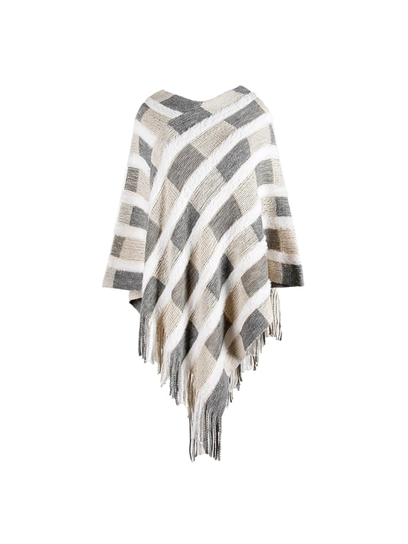 Poncho Sweater Women, Women's Autumn Winter Color Checkered Fringe Warm Knitted Cape Shawl Sweaters for Women Beige