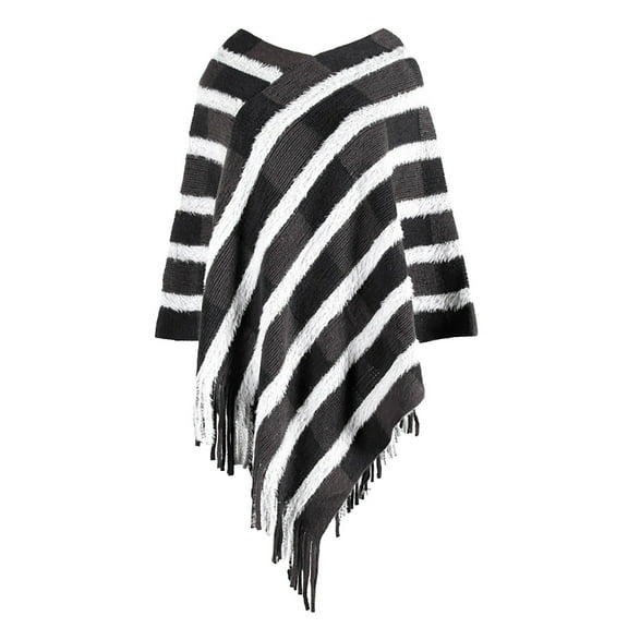 Duoif Poncho Sweater Women, Women's Autumn Winter Color Checkered Fringe Warm Knitted Cape Shawl Sweaters for Women Black