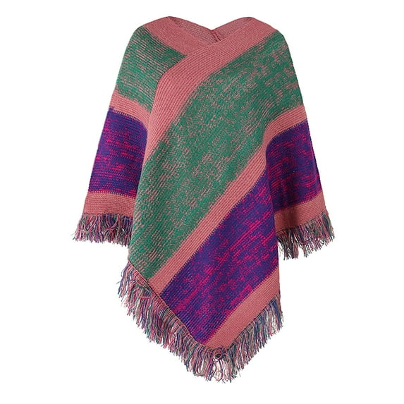 Duoif Poncho Sweater Women, Women's Contrasting Color Striped Knitted Cape with Tassel Shawl Cape Shawl Sweaters for Women Purple
