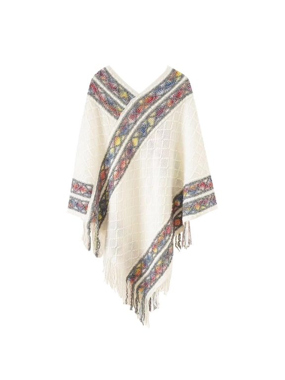 Poncho Sweater Women, Women's Vintage Exotic Winter Warm Pullover Tassel Shawl on Various Occasions Cape Shawl Sweaters for Women White