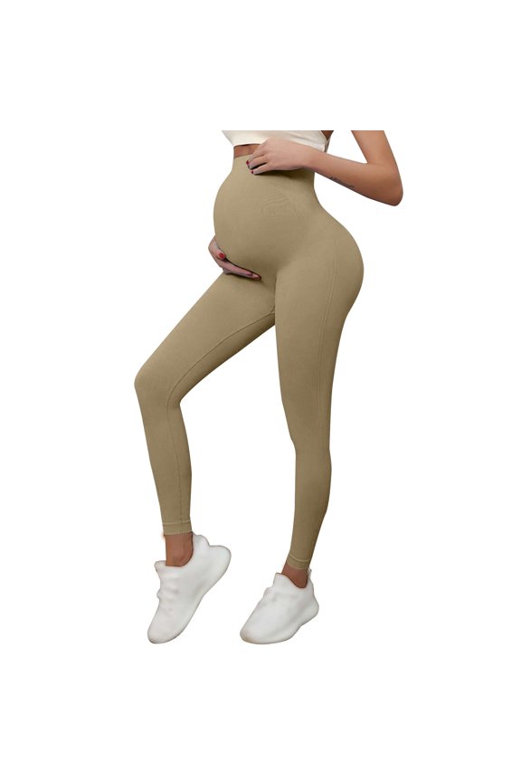 Pregnancy Yoga Pants High Waisted Leggings Compression Pants Maternity Workout Leggings Womens Bottoms Beige L