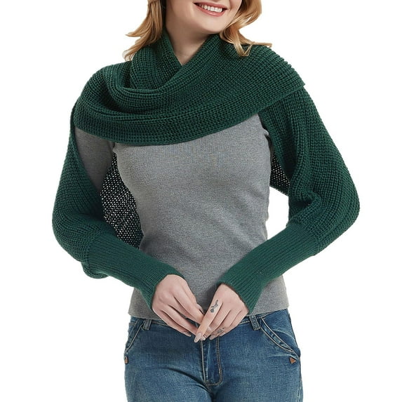 Duoif Scarf Shawl Wraps for Women Fashion Winter Warm Solid Color Knitted Wrap Scarf Crochet Thick Shawl Cape with Sleeve for Women, Womens Solid Color Shawl Green
