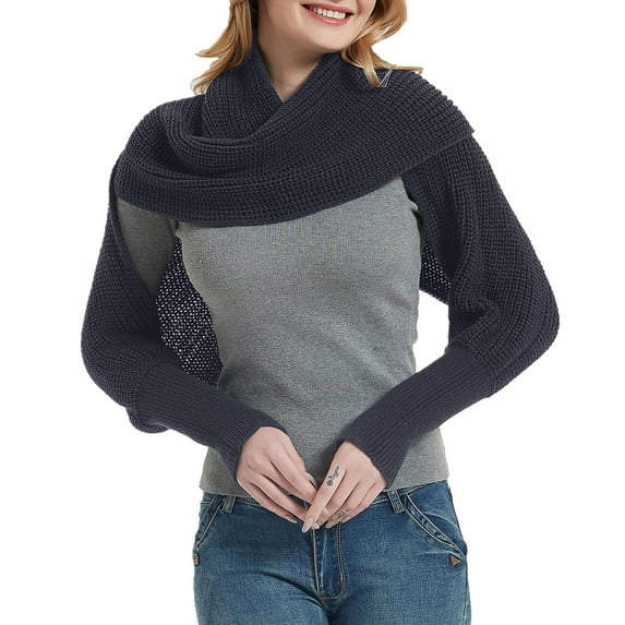 Duoif Scarf Shawl Wraps for Women Fashion Winter Warm Solid Color Knitted Wrap Scarf Crochet Thick Shawl Cape with Sleeve for Women, Womens Solid Color Shawl Grey