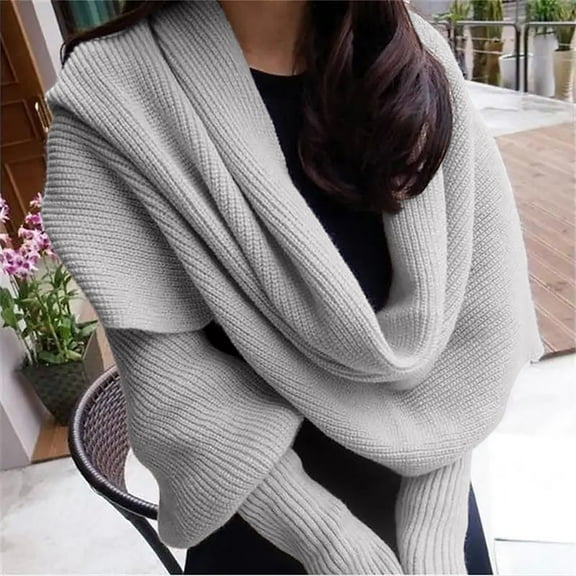 Duoif Scarf Shawl Wraps for Women Shoulder Scarf Knitted Cable Wrap Cropped Sweater Womens Wrap Sweater Scarf with Sleeves Womens Solid Color Shawl Grey2