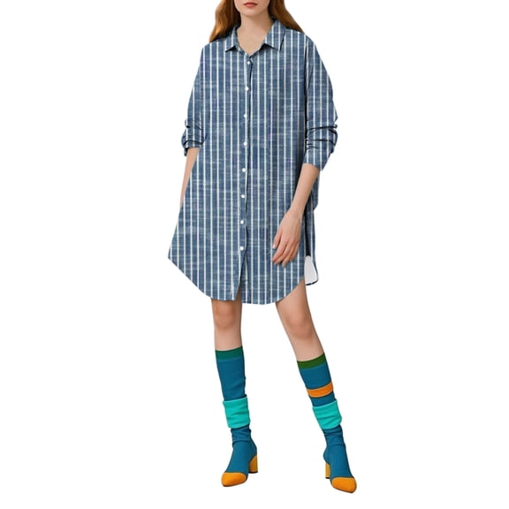 Duoif Shirt Dresses for Women Ladies' Autumn Casual Rice Collar Button Striped Printed Casual Short Sleeved Shirt Skirt Womens Dresses Light Blue XXL