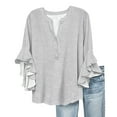 thumbnail image 1 of Duoif Shirts for Women 3/4 Length Sleeves Floral Shirts Flowy Ruffle Sleeve Tops Half Button down Shirt Summer V Neck Blouse Ladies Tops and Blouses Grey L, 1 of 4