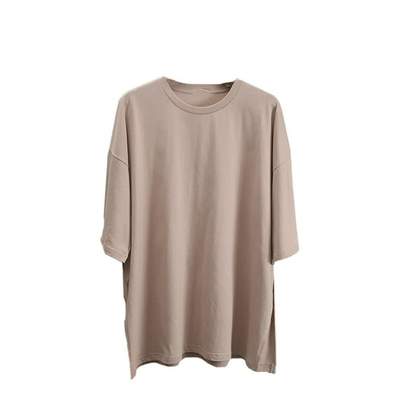 Duoif Shirts for Women Summer Loose Slit Pure Cotton Short Sleeved T Shirt for Women Comfortable Round Neck Solid Color T Shirt Ladies Tops and Blouses Khaki S