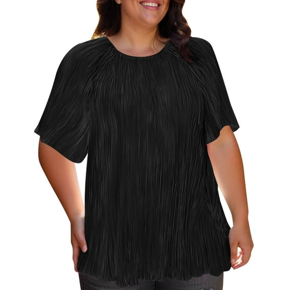 Duoif Shirts for Women, Women's 2025 Summer Large Size Women's Solid Color Pleated Short Sleeved Short Sleeved T Shirt Ladies Tops and Blouses Black XXXXL