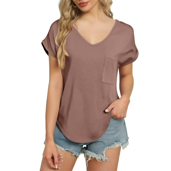 Duoif Shirts for Women, Women's Solid V Neck Tops with Chest Pocket Short Sleeve T Shirts Loose Casual Basic Tees Summer Clothes Outfits Womens Tops Casual Brown M