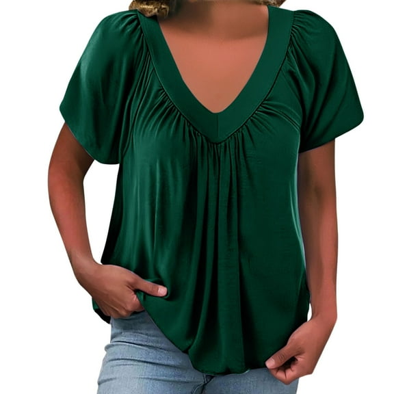 Duoif Shirts for Women, Women's V Neck Soft Breathable Peplum Fit Enhancing Short Sleeve Shirt Made from Cotton Like Fabric Womens Tops Casual Green M