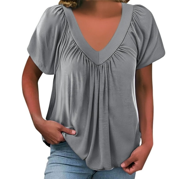 Duoif Shirts for Women, Women's V Neck Soft Breathable Peplum Fit Enhancing Short Sleeve Shirt Made from Cotton Like Fabric Womens Tops Casual Grey XXL