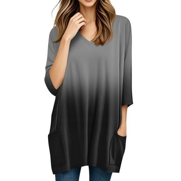 Duoif Shirts for Women, Womens Tunics to Wear with Leggings Summer 3/4 Length Sleeve V Neck Tshirts with Pockets Long Blouses Casual Ladies Tops and Blouses Black M