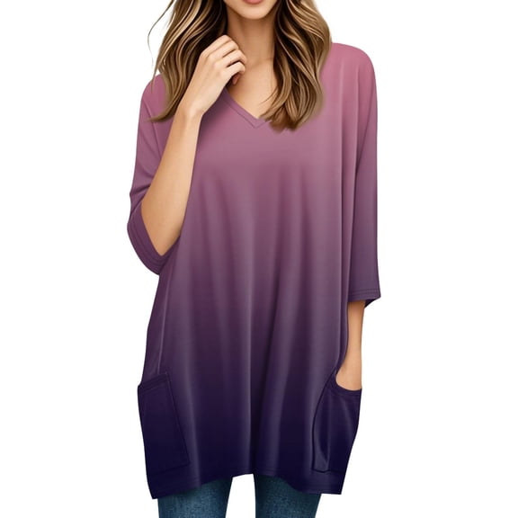 Duoif Shirts for Women, Womens Tunics to Wear with Leggings Summer 3/4 Length Sleeve V Neck Tshirts with Pockets Long Blouses Casual Ladies Tops and Blouses Purple S