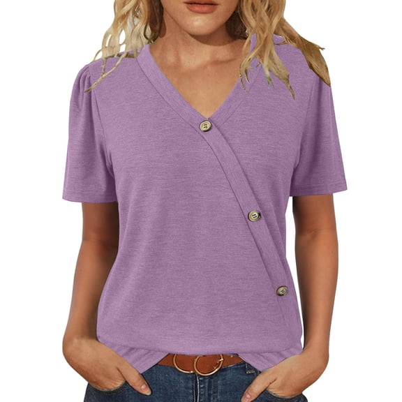 Duoif Shirts for Women Casual Short Sleeve V Neck Shirts Puff Sleeve Tshirts Loose Casual Blouse Summer Tee Womens Tops Casual Purple M