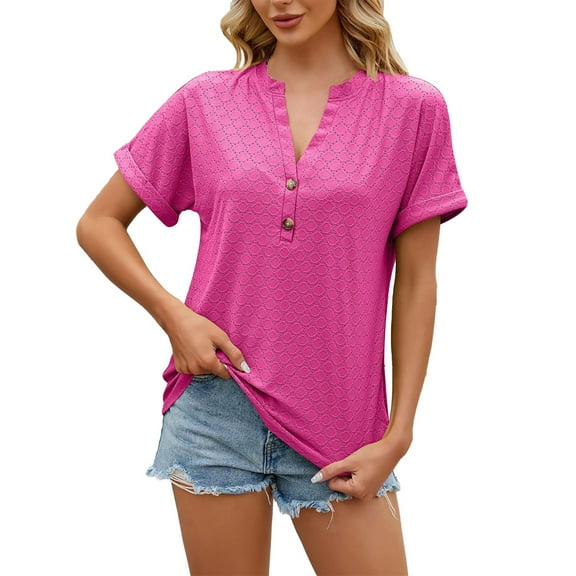Duoif Shirts for Women Eyelet Circle Solid Color V Neck Buttoned Loose Short Sleeve T Shirt Top Women's Spring Tops for Women Hot Pink S