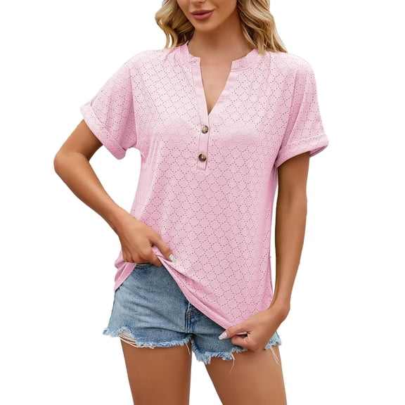 Duoif Shirts for Women Eyelet Circle Solid Color V Neck Buttoned Loose Short Sleeve T Shirt Top Women's Spring Tops for Women Pink S