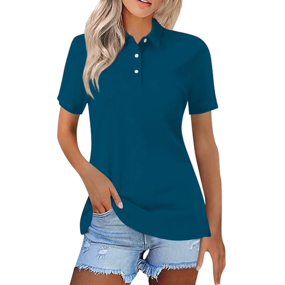 Duoif Shirts for Women Fashion Casual Short Sleeve Button down Collared T Shirts Loose Fit Blouses Ladies Tops and Blouses Blue L